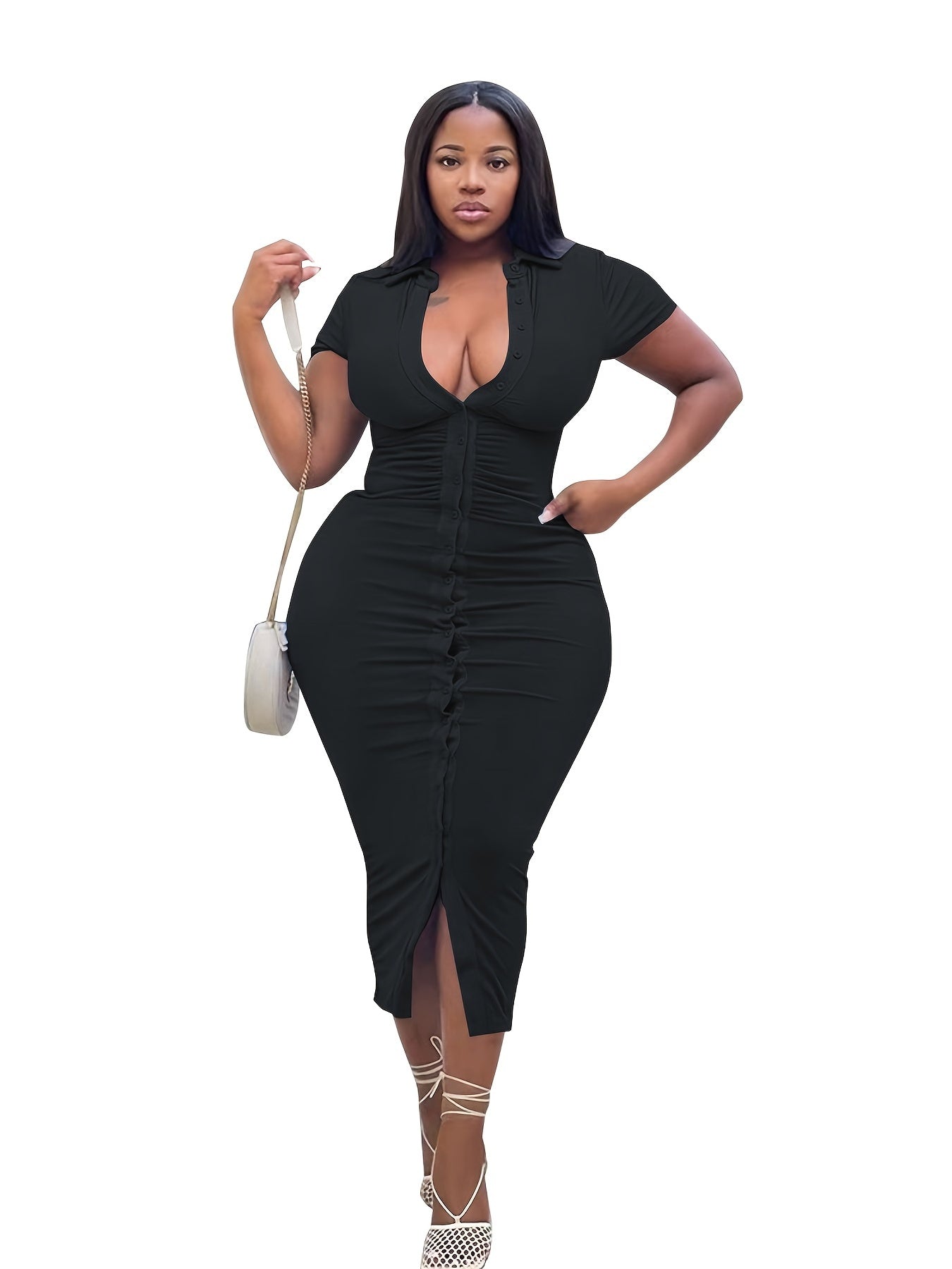  Solid Bodycon Dress Short Sleeve Button Up Sexy
