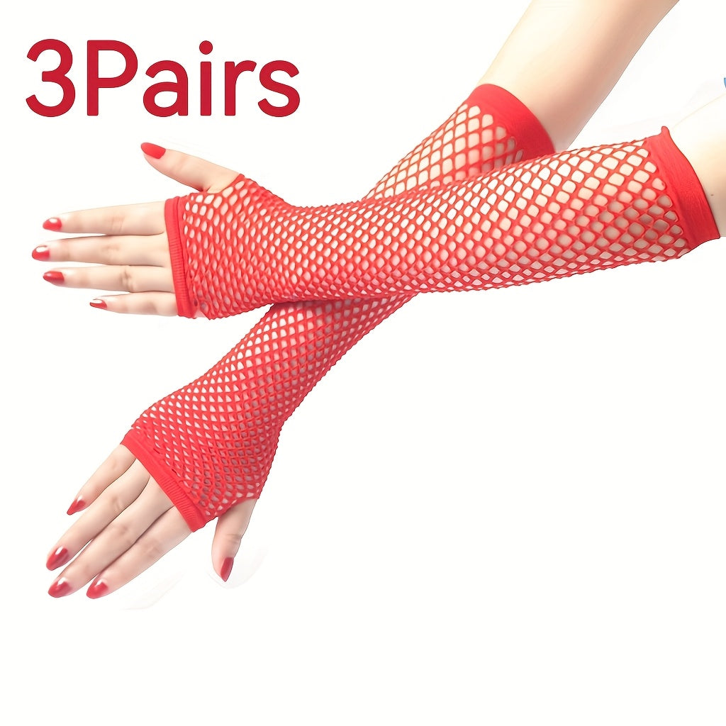 3 Pairs Fishnet Gloves Half Finger Medium Long for Cocktail & Stage Performances