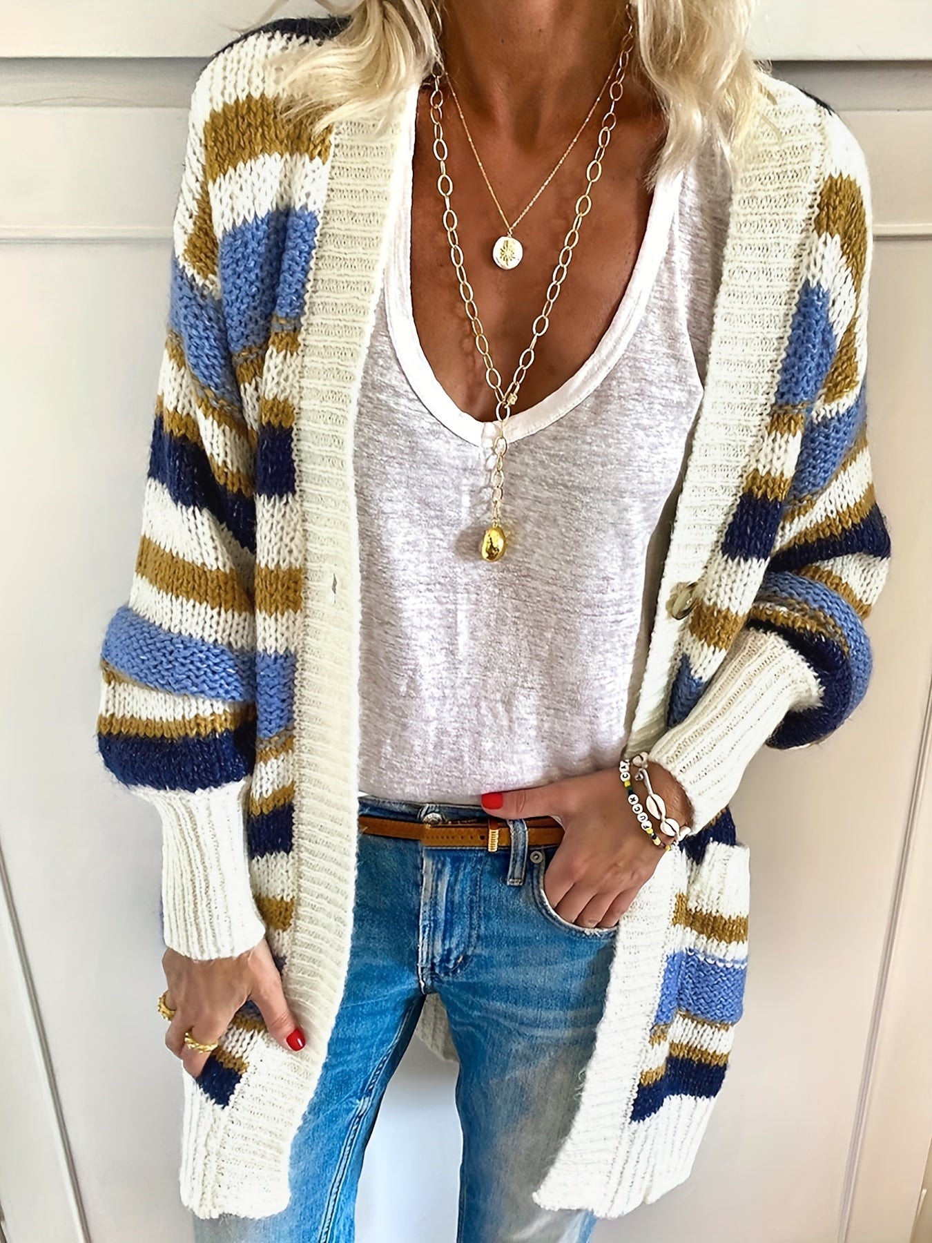  Casual Cardigan Women's Plus Stripe Print Button Up Long Sleeve