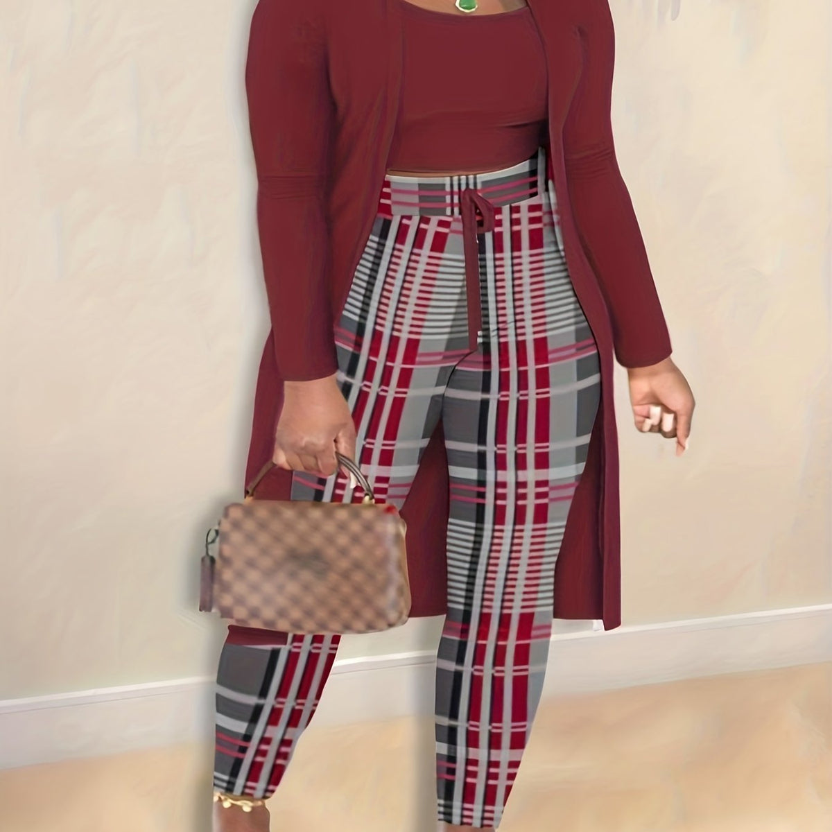  3pc Set: Solid Cardigan, Tank Top & Plaid Leggings