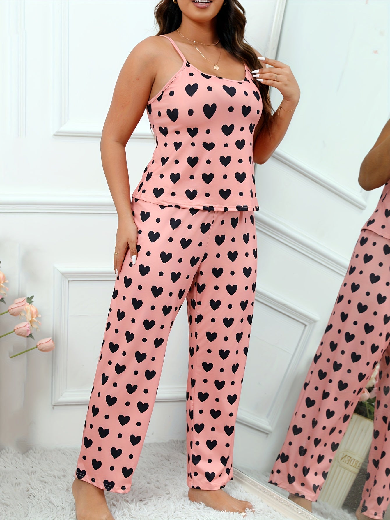  Heart & Dot Print Pajama Set - Camisole & Pants Lounge Set
