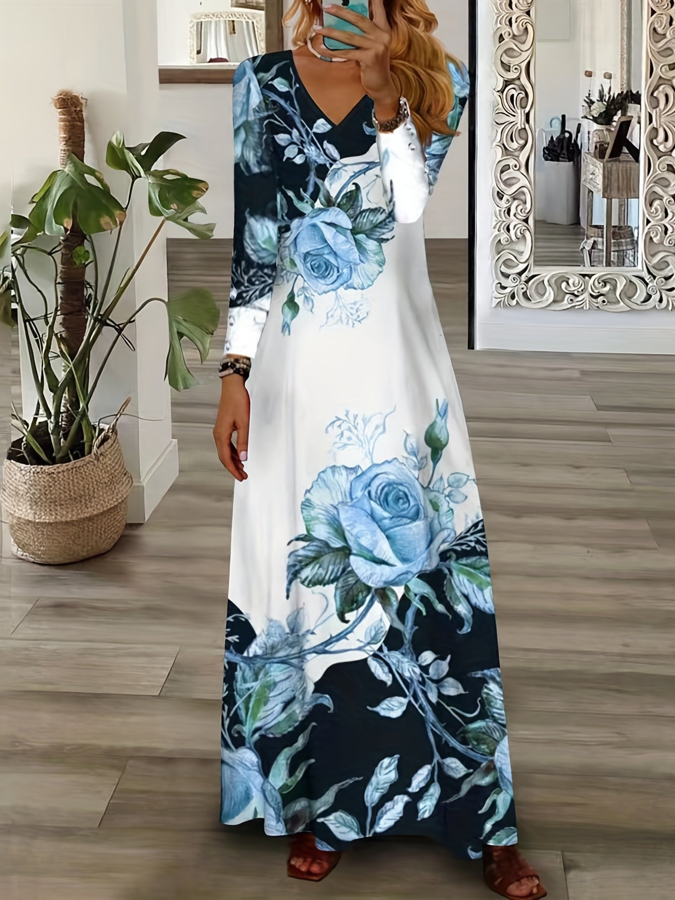  Floral Print Long Sleeve V Neck Maxi Dress