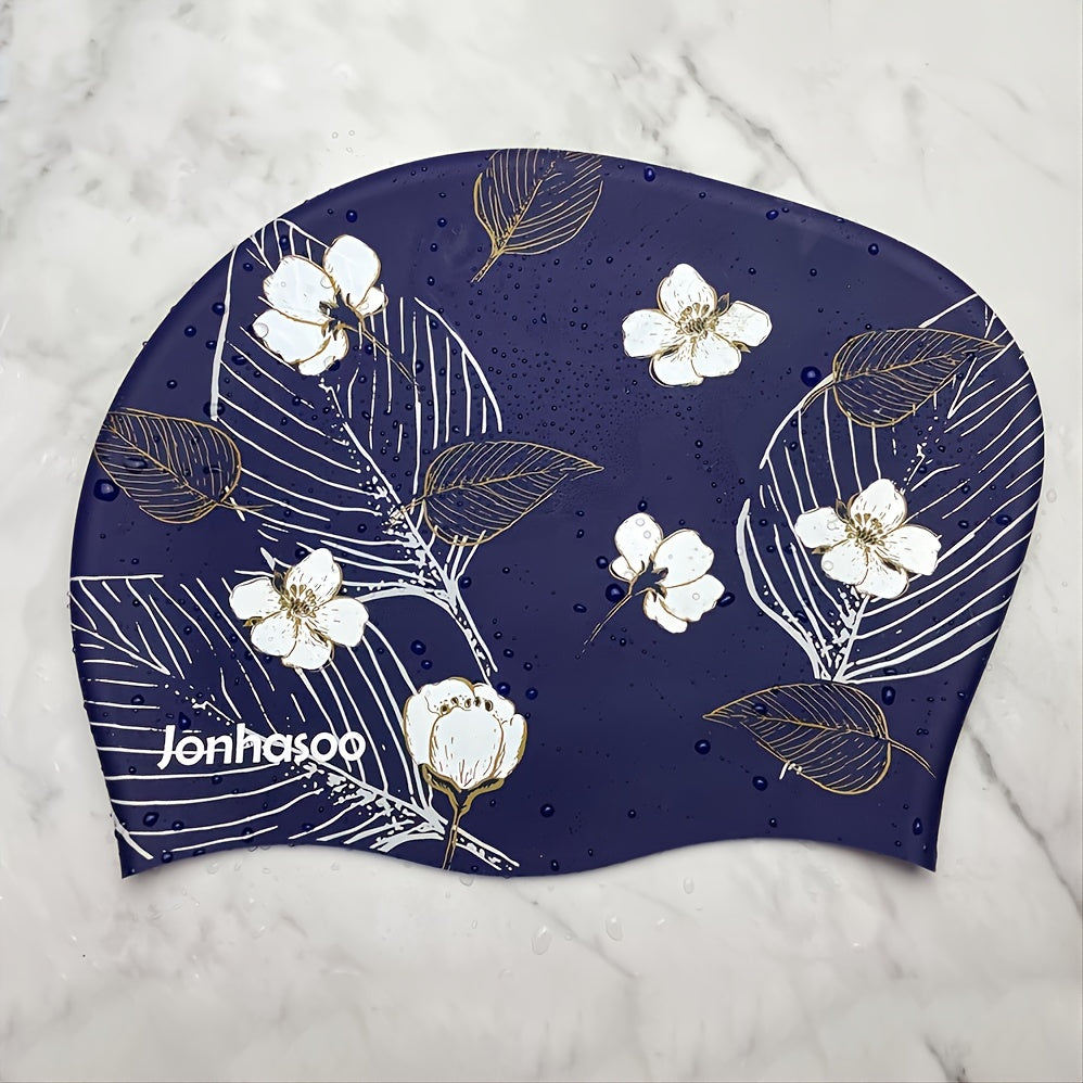 JONHASOO Flower Print Silicone Swim Cap Protects Hair