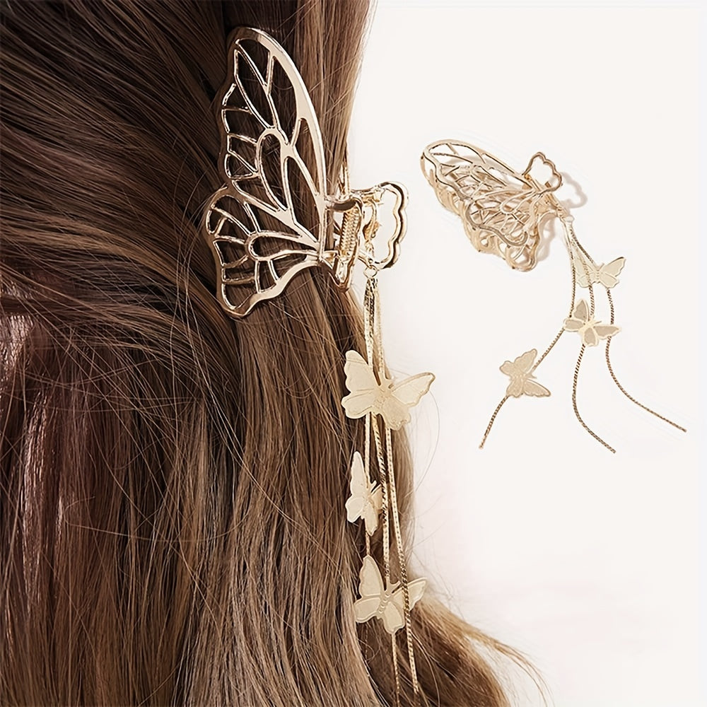 Metal Hollow Butterfly Hair Claw With Tassels Lady Thick Hair Barrette