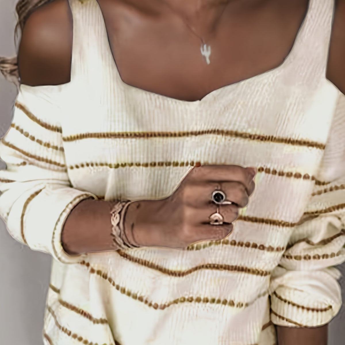  Stripe Print Cold Shoulder Jumper