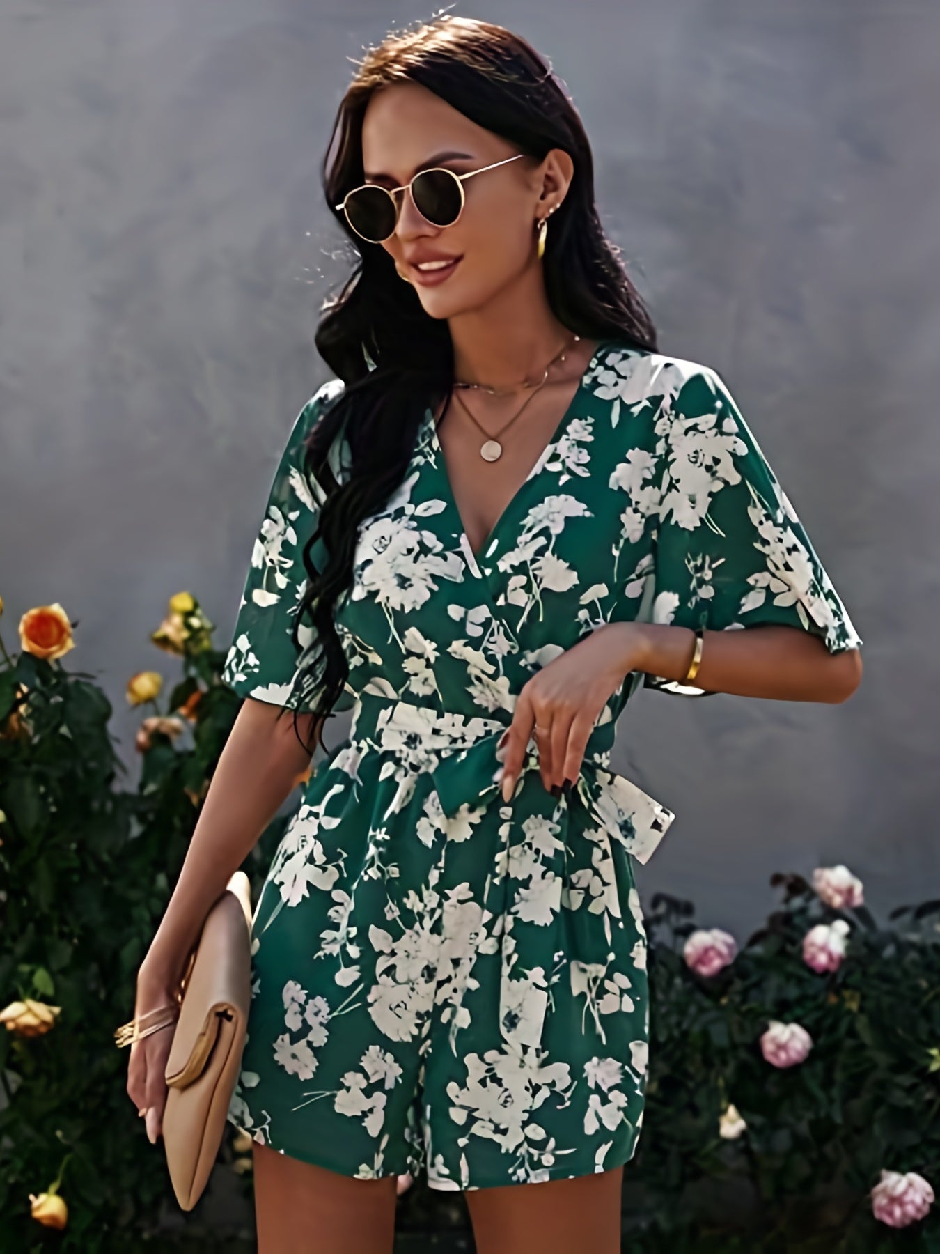Floral Print V neck Romper Jumpsuit Short Sleeve Women's Clothing