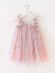 Toddler Girls Sequin Stars Moon Frill Trim Shirred Rainbow Princess Cami Dress