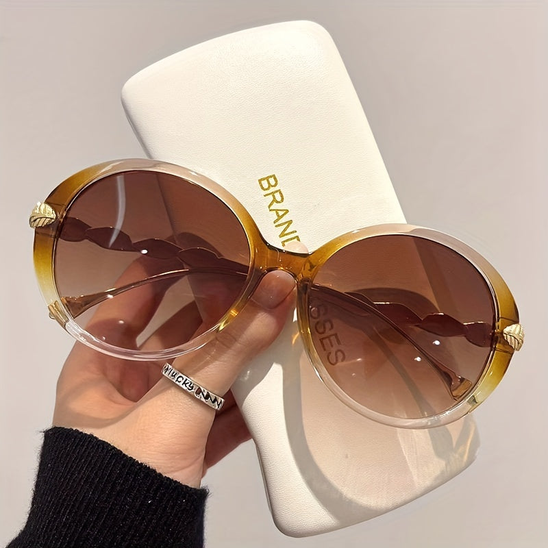 Large Round Sunglasses Metal Leaf Charm Gradient UV400
