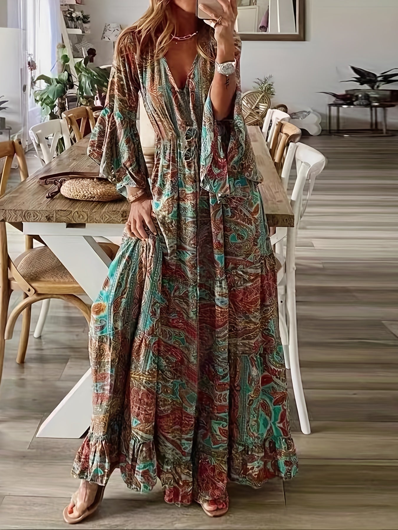  Boho Dress Women's Plus Leaf & Paisley Irregular Sleeve V Neck Dress