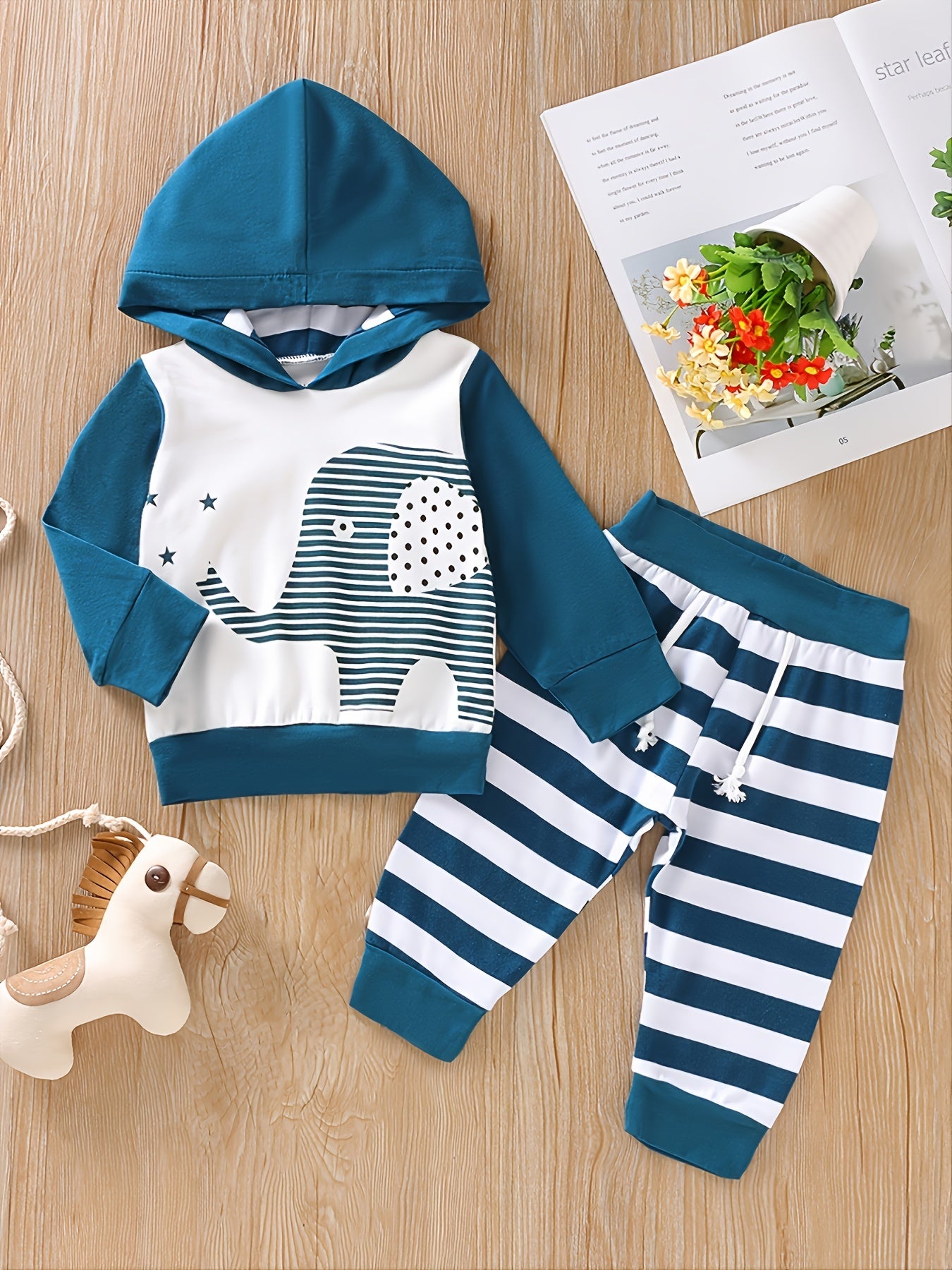 2pcs Baby Boys Elephant Hoodie & Striped Pants Set