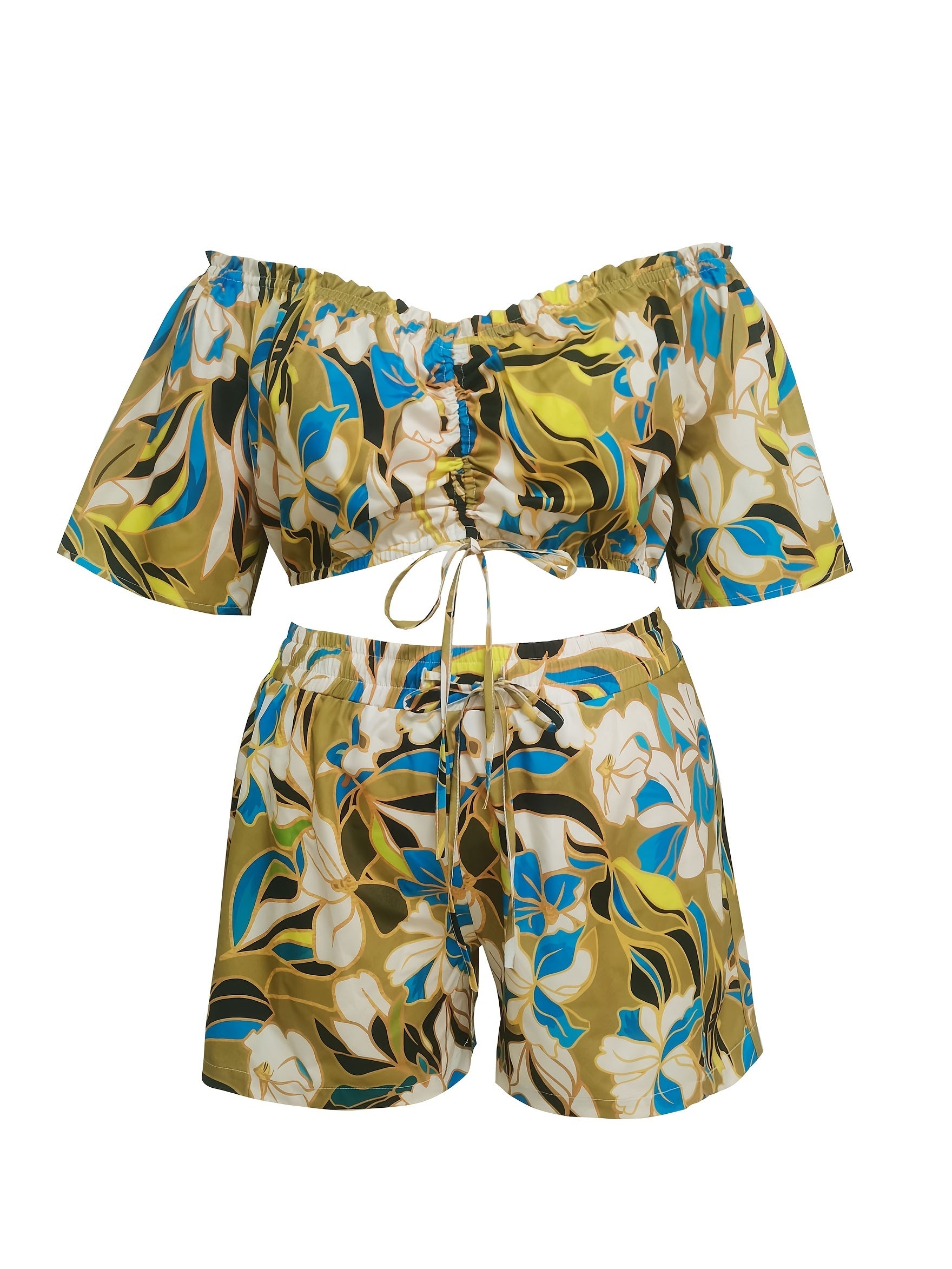 Boho Floral Off Shoulder Crop Top & Shorts Set