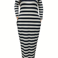  Stripe Print Long Sleeve Scoop Neck Maxi Dress With Pockets