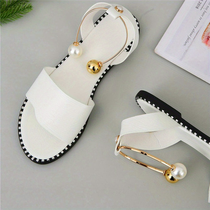 Women's Faux Pearl Ankle Strap Flat Sandals