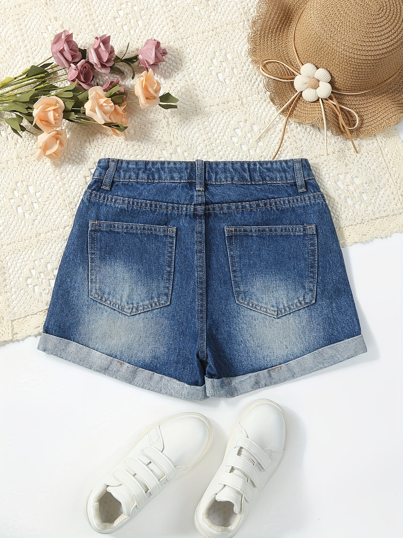 Girls' Ripped Roll Up Denim Shorts for Summer