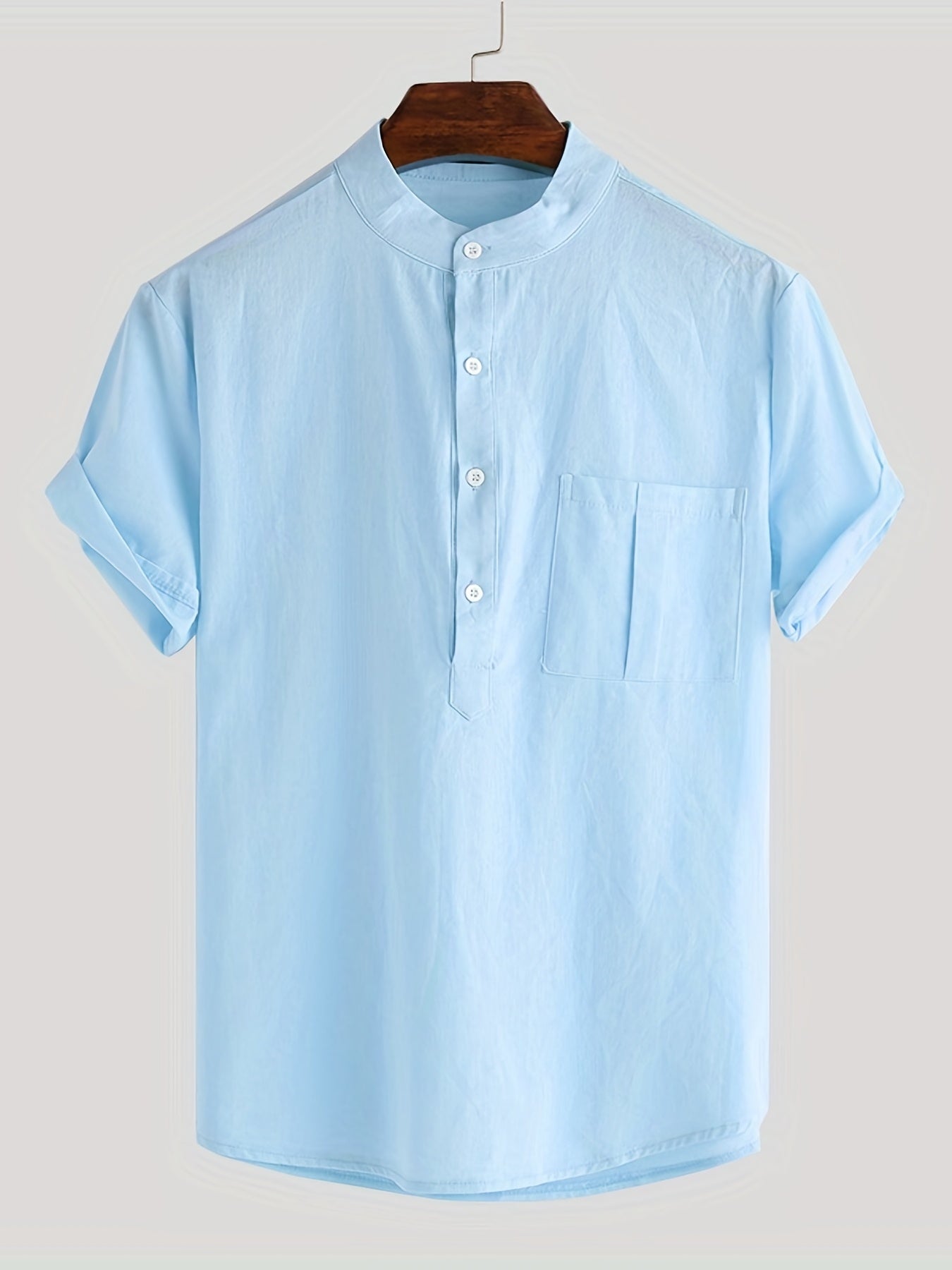 Men's Cotton Comfy Shirt Short Sleeve Crew Neck Pockets Shirt