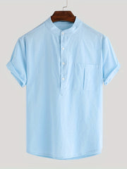 Men's Cotton Comfy Shirt Short Sleeve Crew Neck Pockets Shirt