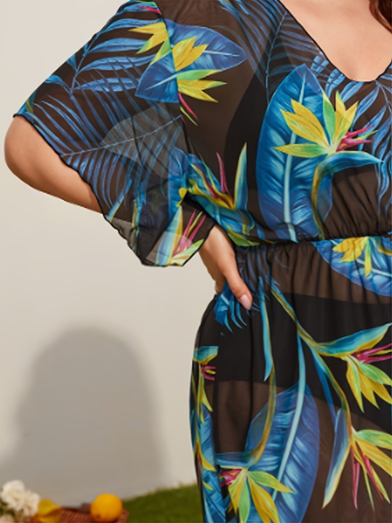  Tropical Print Sheer Cover Up Dress Women's Beachwear Cover Ups