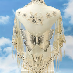 Lace Butterfly Print Shawl Long Fringed Triangle Towel for Women