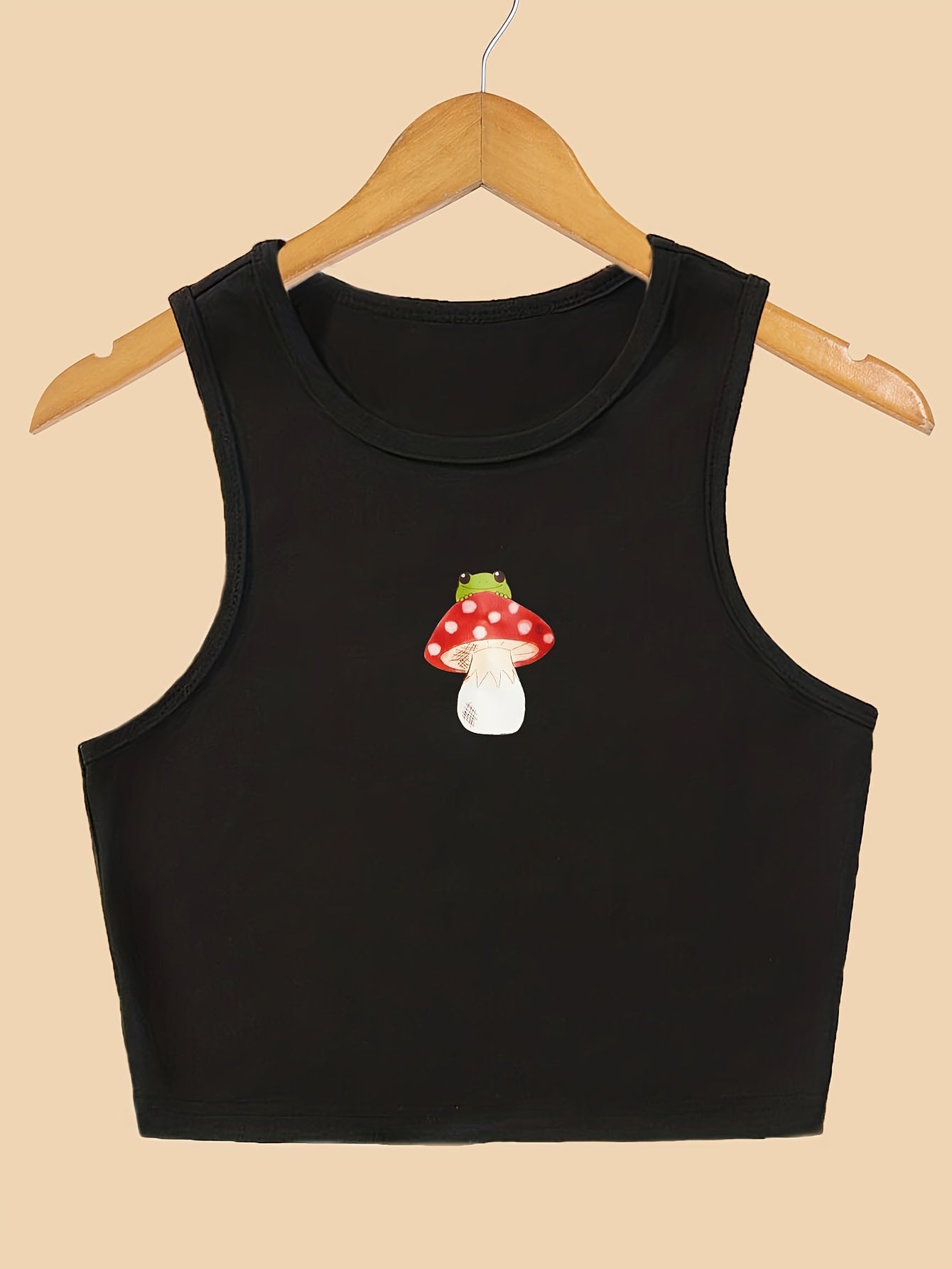 Mushroom & Frog Print Crop Tank Top Sleeveless Casual Top