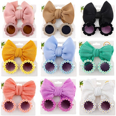2pcs Bowknot Hair Rope & Flower Round Sunglasses for Sun Protection