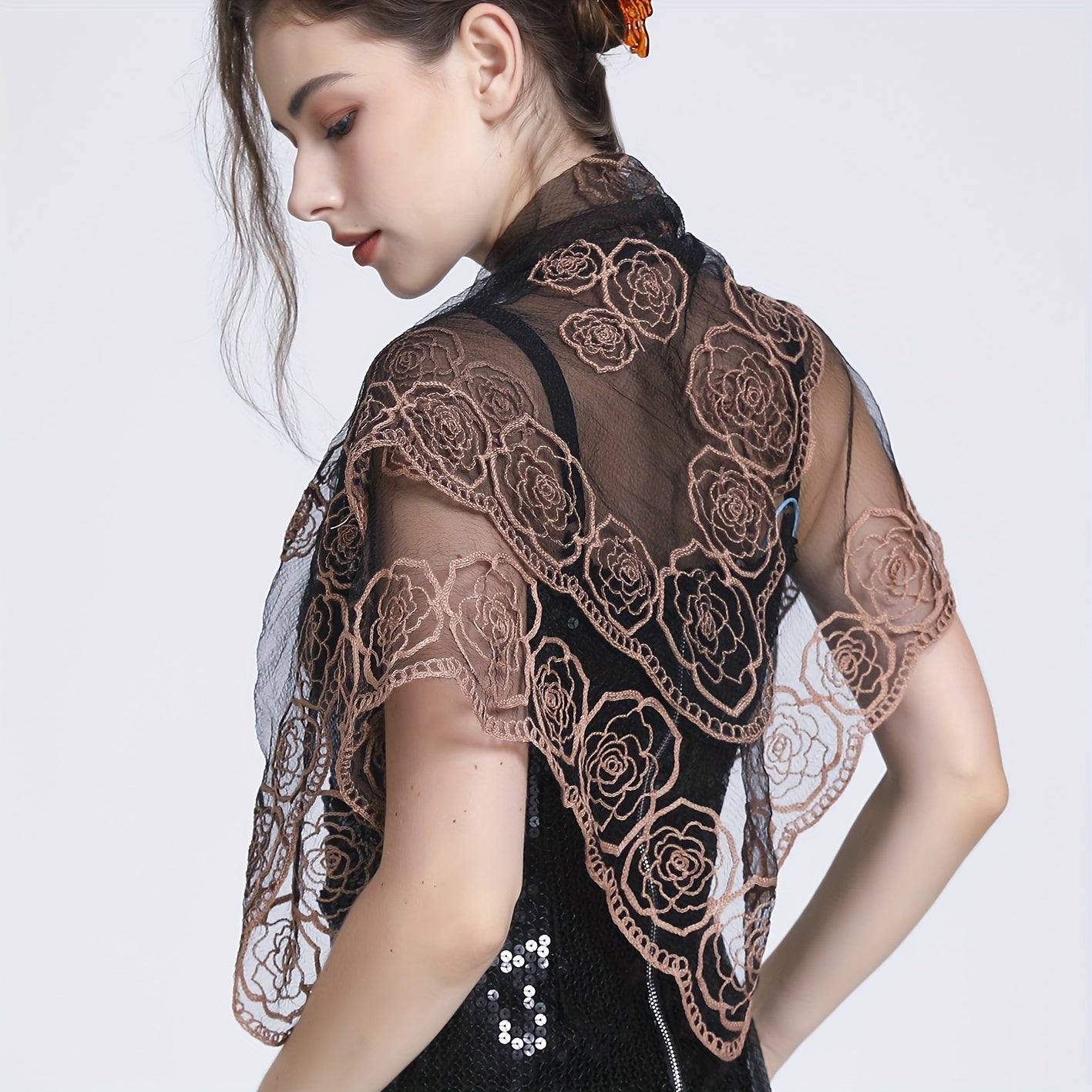 Transparent Lace Square Scarf Rose Embroidery Shawl
