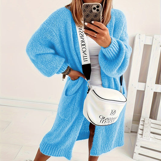  Solid Lantern Sleeve Open Front Cardigan with Pockets