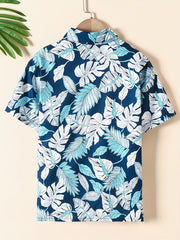 Boys Leaf Print Short Sleeves Shirt For Vacation Beach Kids Summer Clothes