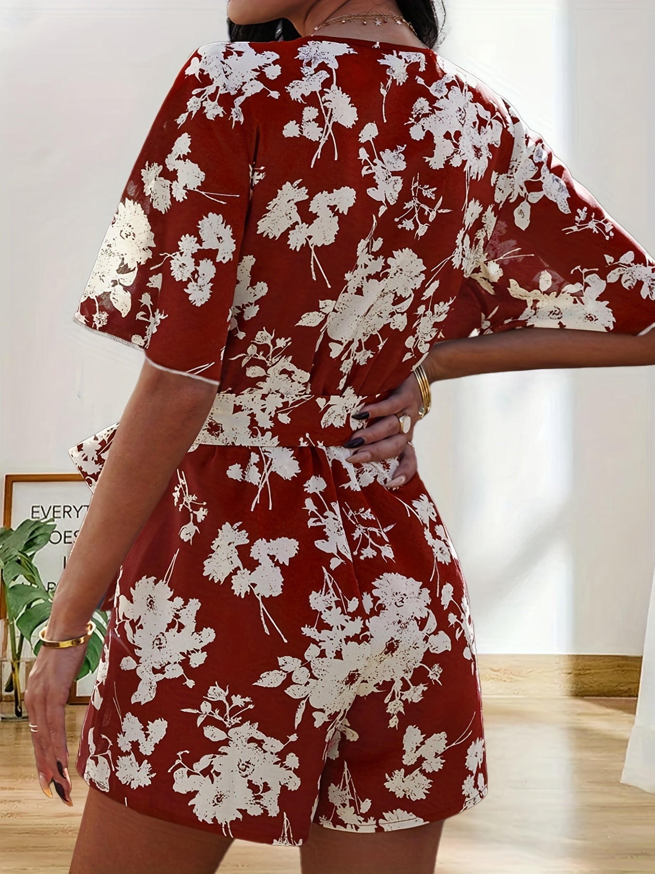Floral Print V neck Romper Jumpsuit Short Sleeve Women's Clothing