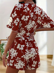 Floral Print V neck Romper Jumpsuit Short Sleeve Women's Clothing