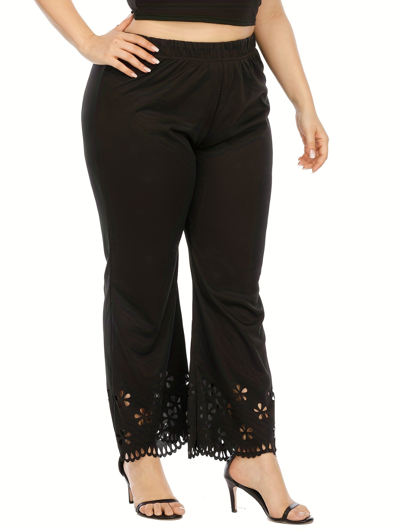  Casual Pants Women's Plus Solid Elastic Eyelet Embroidered Trim Pants
