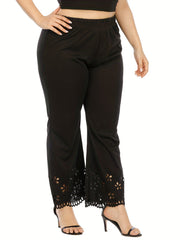  Casual Pants Women's Plus Solid Elastic Eyelet Embroidered Trim Pants