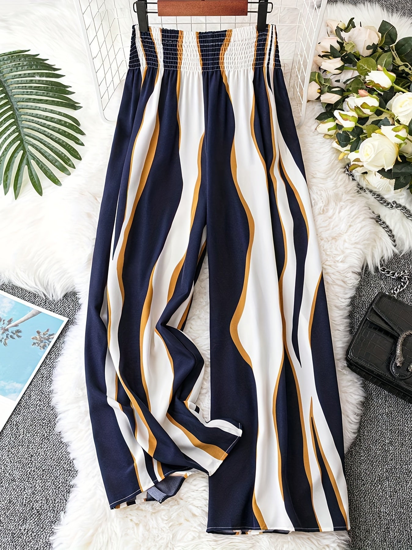 Women's Plus Striped Print Wide Leg Trousers