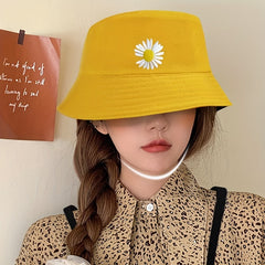 Daisy Flower Embroidery Bucket Hat Reversible Sunscreen Beach Cap Women