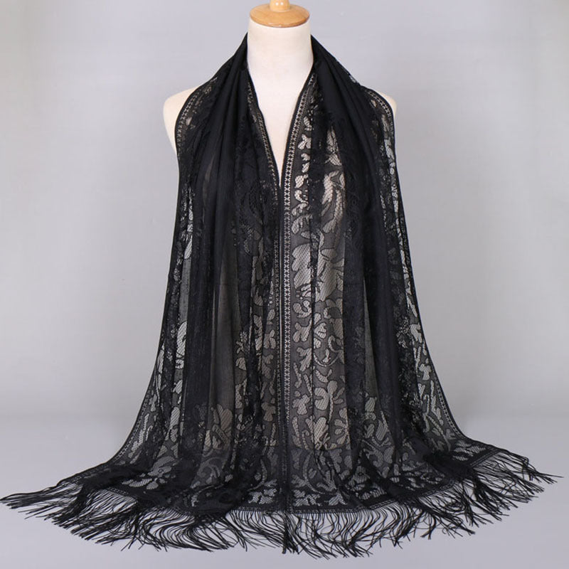 Floral Lace Scarf Shawl With Tassels Soft Mesh Fringe Wraps