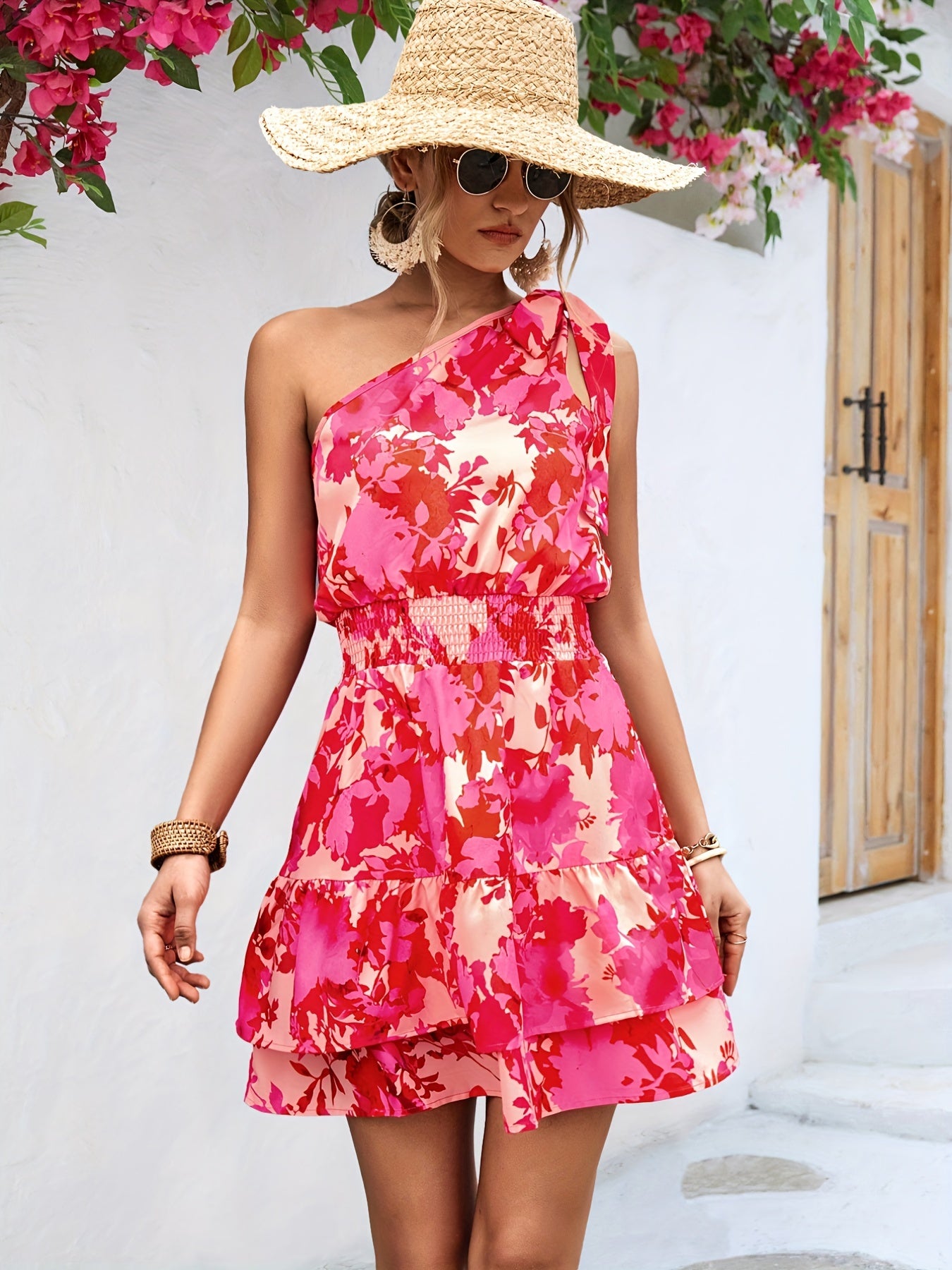 Floral Print One Shoulder Boho Dress Knotted Waist Layered Dress