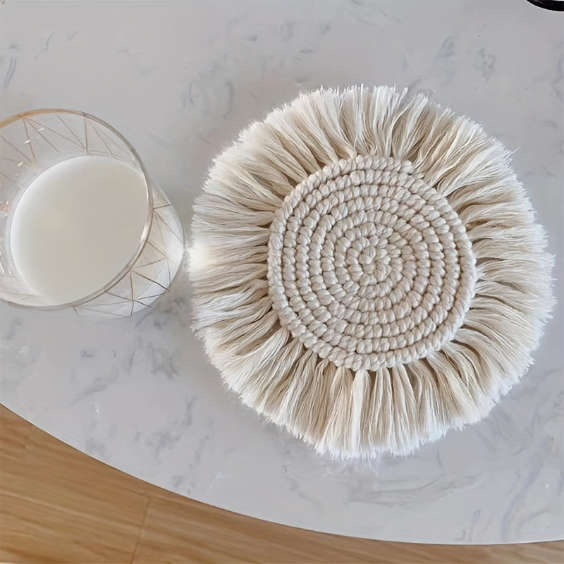 Boho Macrame Coasters For Wooden Table - Hand Woven Drink Coasters