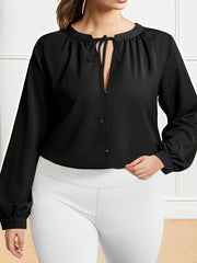  Casual Blouse Women's Plus Solid Lantern Sleeve Tie Front V Neck