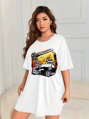  Car Print Short Sleeve Round Neck Sleep Dress