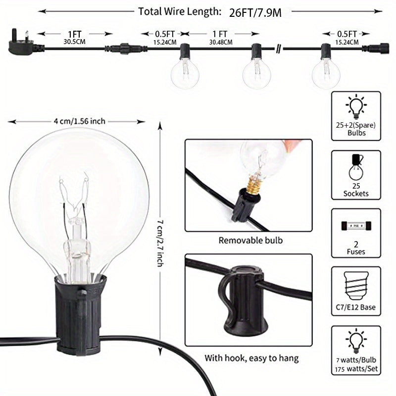 26ft G40 Outdoor Light String 25 Bulbs Waterproof Decorative Lights