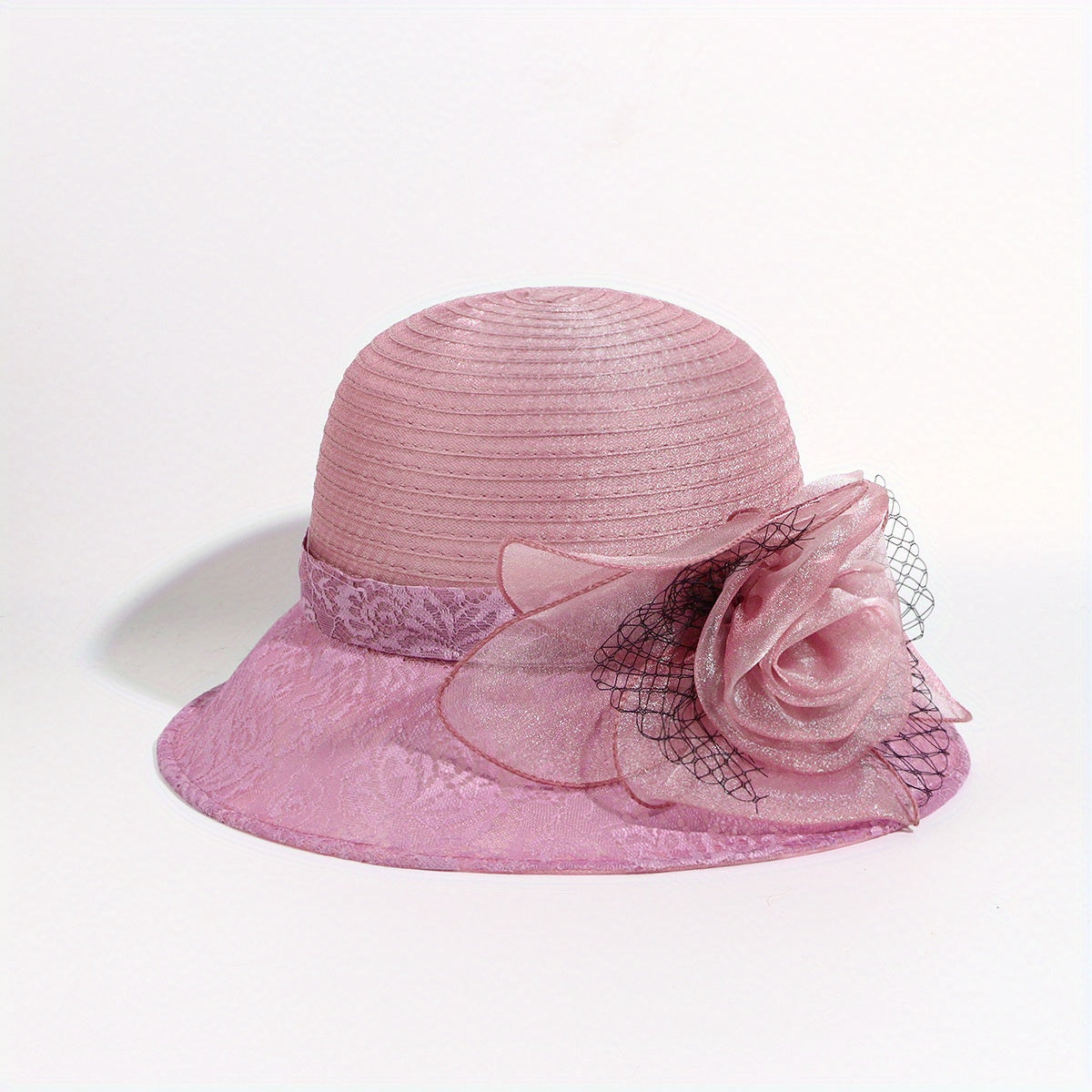 Embroidered Sun Hat Floral Decor Derby Hat Mesh Flower Bucket Hat