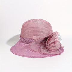 Embroidered Sun Hat Floral Decor Derby Hat Mesh Flower Bucket Hat