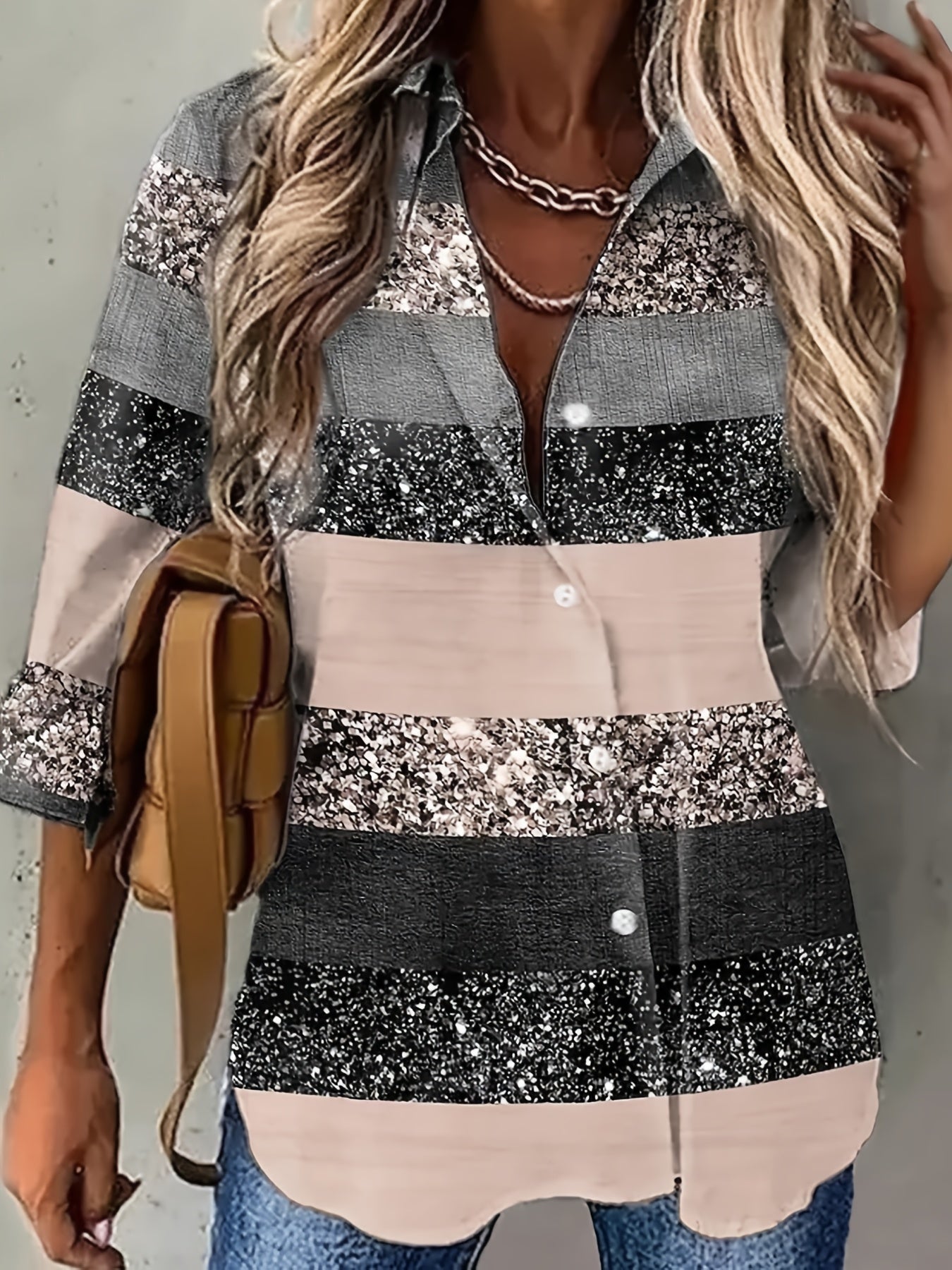  Casual Blouse 3D Bling Stripe Print Roll Up Sleeve Button Up Shirt