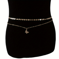 Double Layer Golden Waist Chain Rhinestone Decor Butterfly Pendant