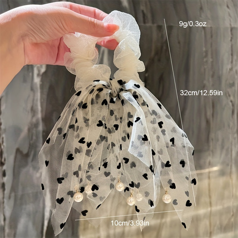 Heart Shape Pattern Hair Tie Small Faux Pearl Hair Tassel Mesh Large Scrunchie