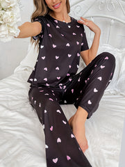 Heart Print Pajama Set Short Sleeve Top & Pants Women's Sleepwear
