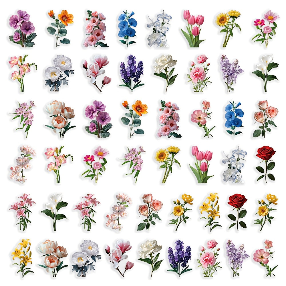 50pcs Transparent Floral PET Stickers - Reusable Self Adhesive Decals