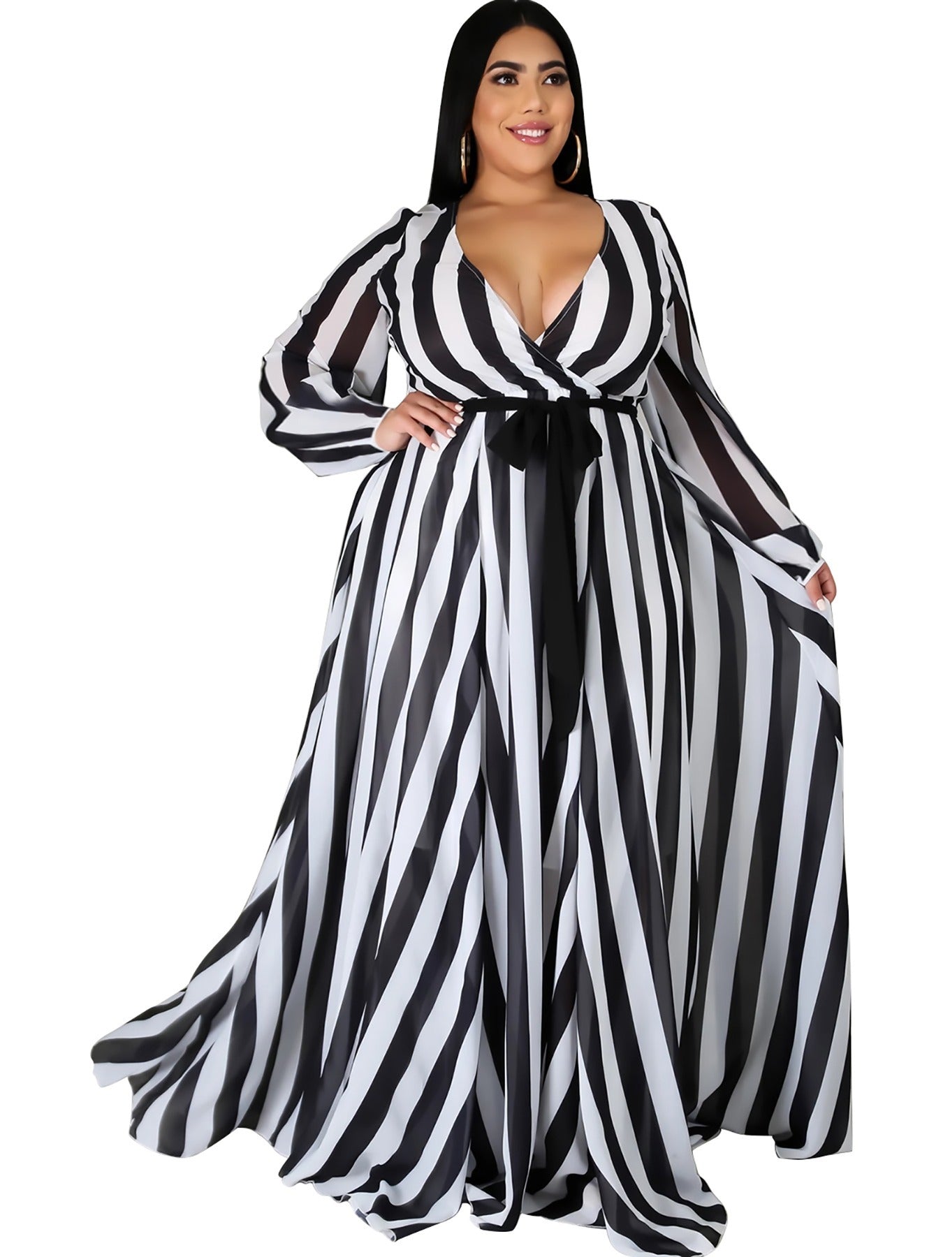  Strip Print V Neck Long Sleeve Wrap Maxi Dress