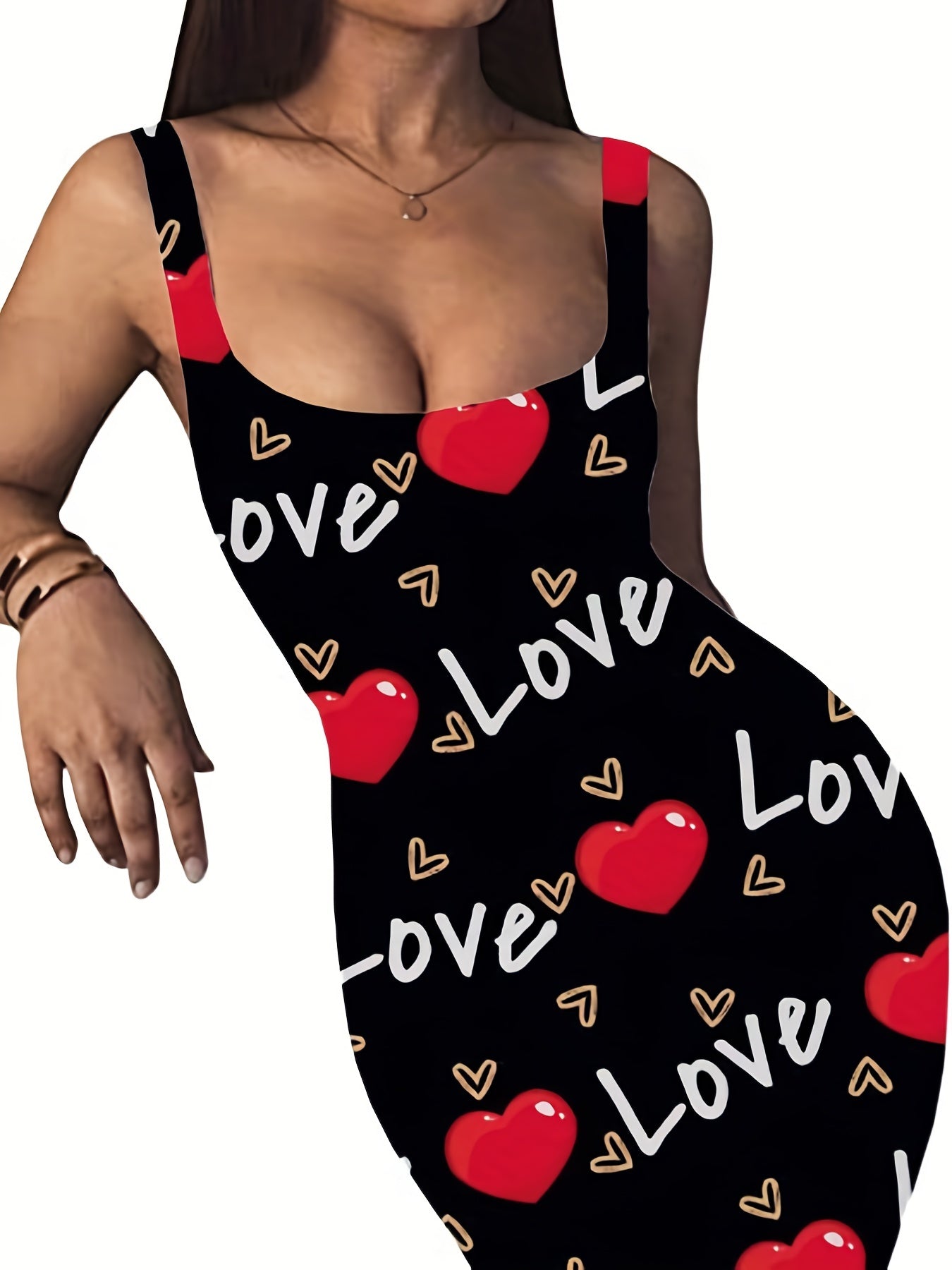 Plus Size Casual Dress Women's Plus Art Letter & Heart Print Bodycon Tank Dress