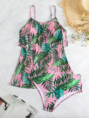  Boho Tankini Set Tropical Print Ruffle Trim Cami Top & Panty Swimsuit