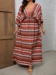  Striped Print Cut Out Tie Front Batwing Sleeve Backless Dress